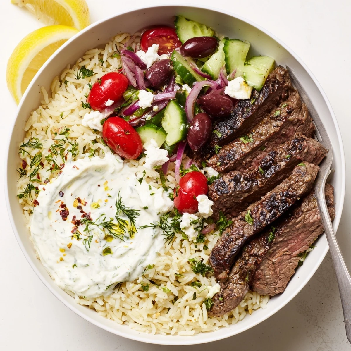 Mediterranean Steak Bowl with juicy grilled steak, vibrant veggies, and tangy yogurt