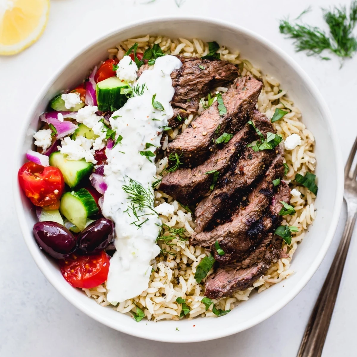 Sliced Mediterranean Steak Bowl served over herby lemon rice, fresh cucumber, tomatoes