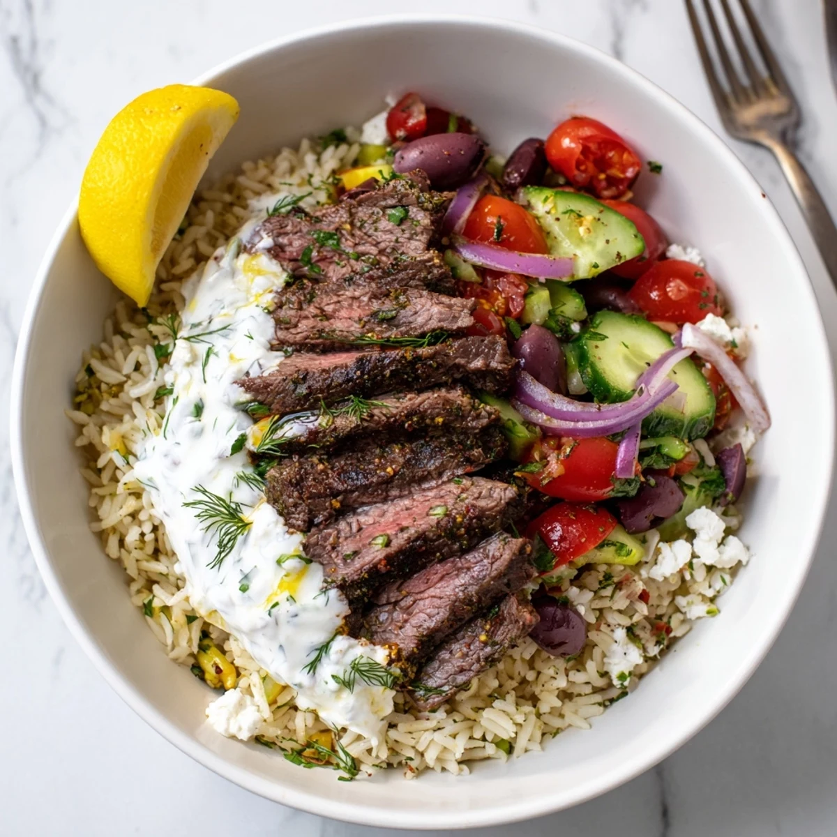 Pan-seared Mediterranean Steak Bowl garnished with crumbled feta, kalamata olives, cooling dill sauce