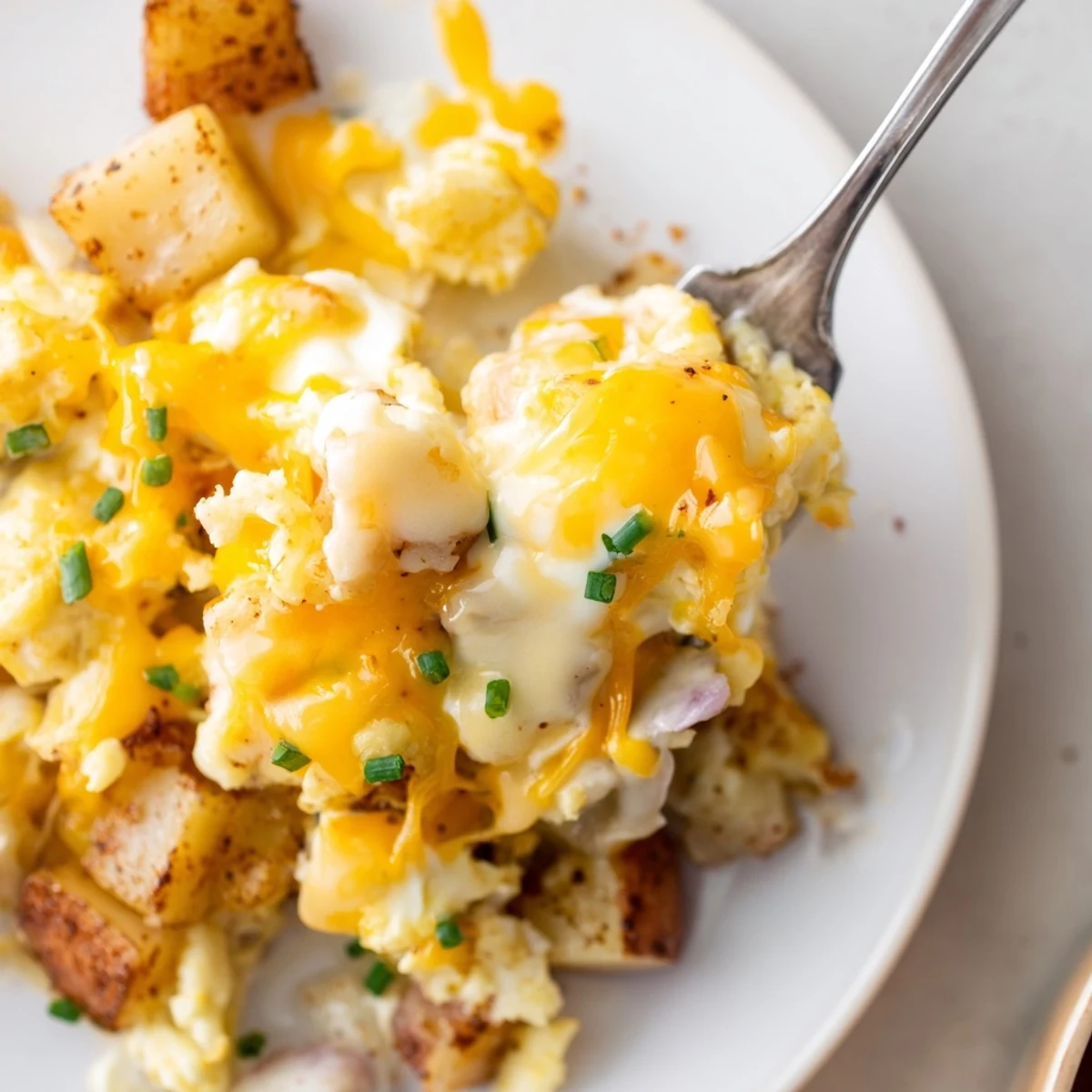 Cheesy Potato Egg Scramble with golden potatoes, gooey cheddar, and fresh chives