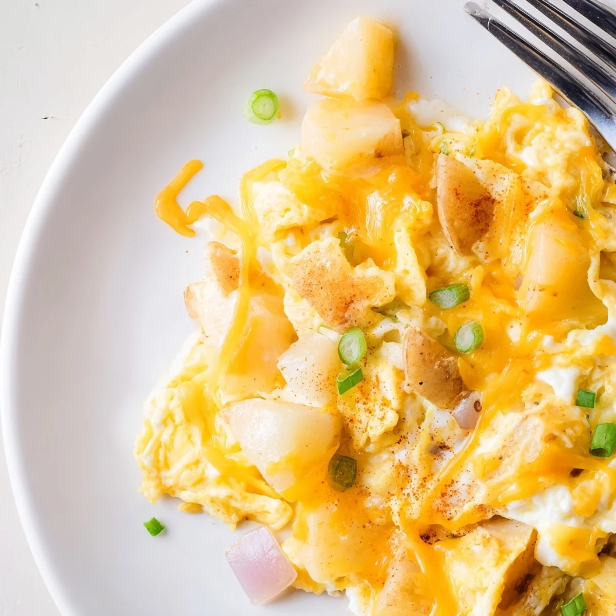 Fluffy Cheesy Potato Egg Scramble folded with melted cheese and smoked paprika