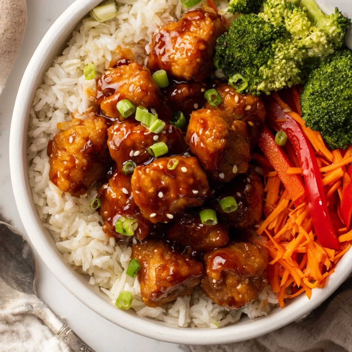 Orange Glazed Chicken Rice Bowl with glossy citrus sauce, steamed broccoli, jasmine rice