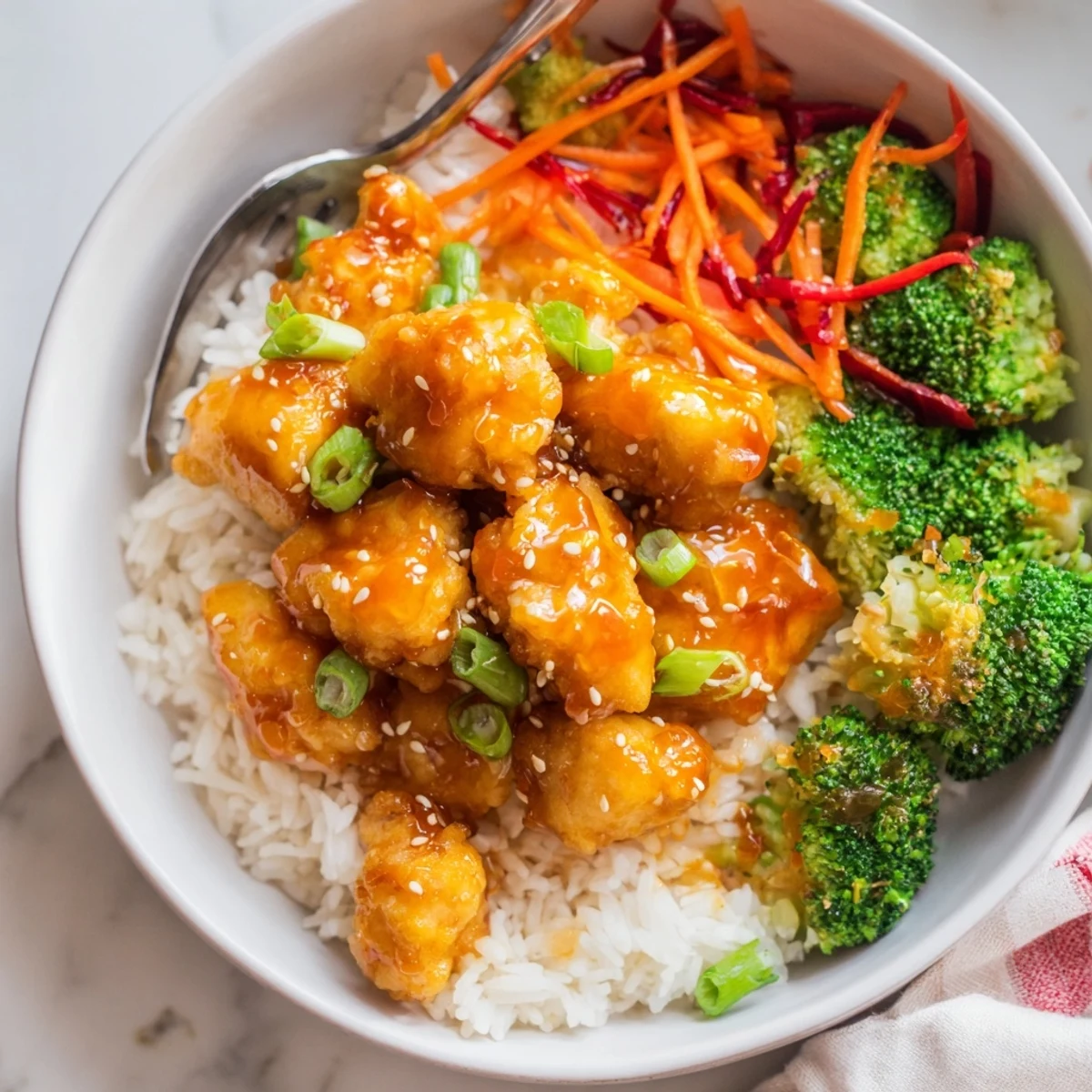 Aromatic Orange Glazed Chicken Rice Bowl served warm with shredded carrots, scallions