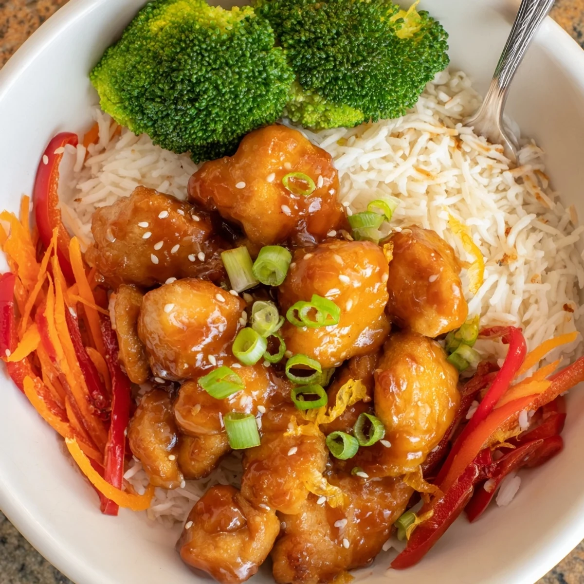 Pan-seared Orange Glazed Chicken Rice Bowl topped with sesame seeds, bright bell pepper