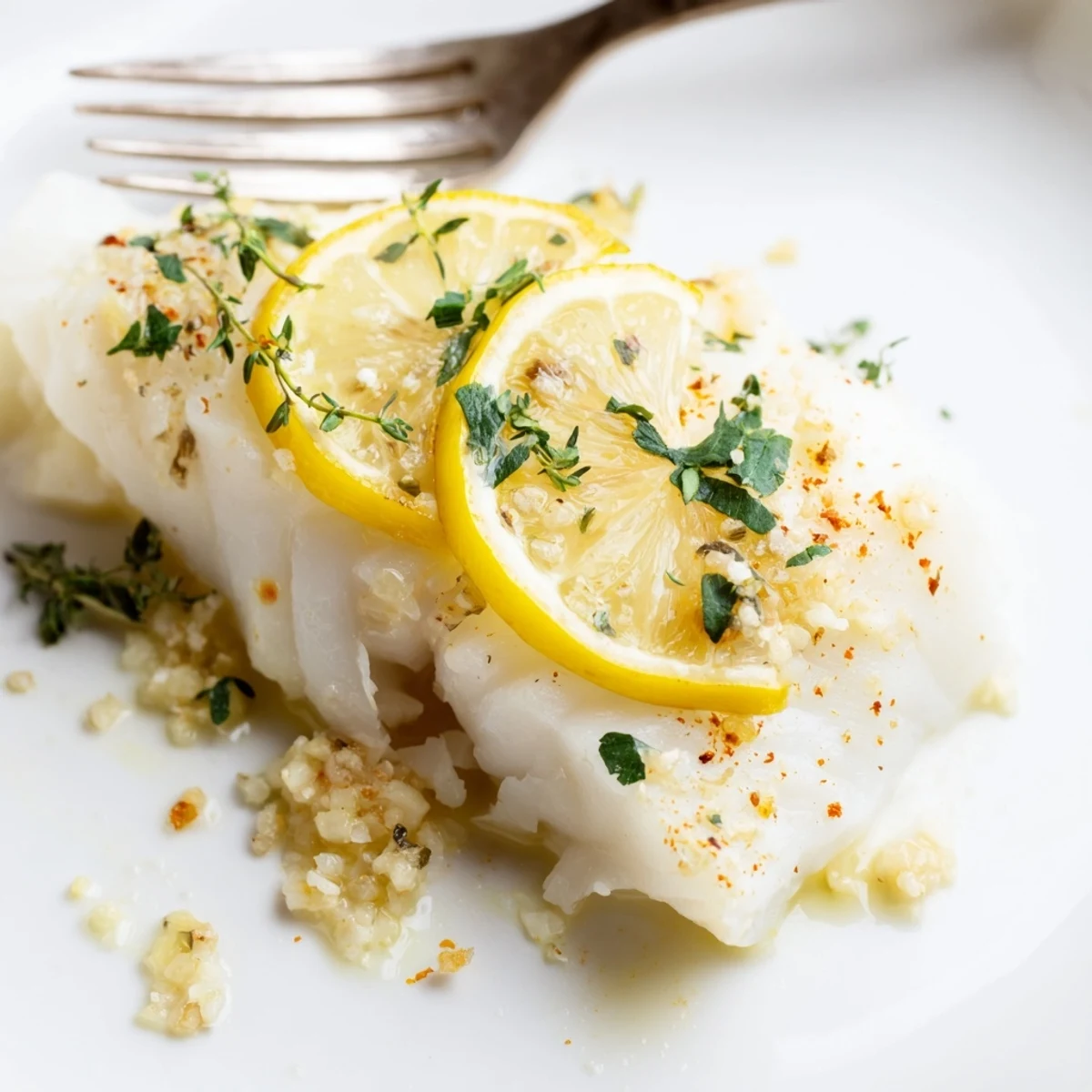 Golden baked cod fillets with lemon slices and fresh herbs on a white plate
