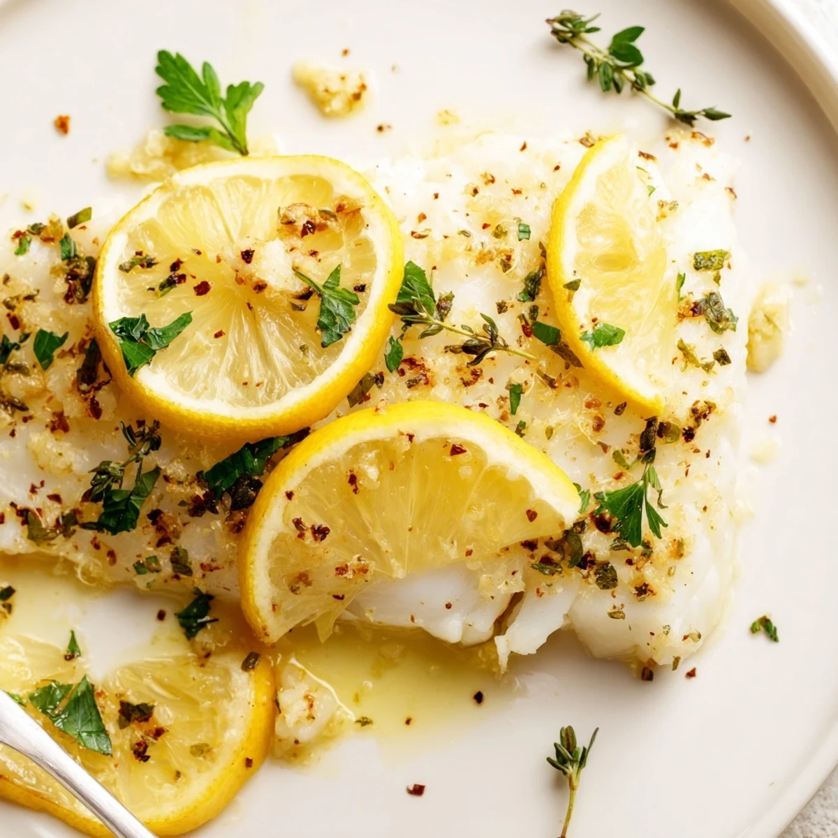 Tender flaky baked cod seasoned with garlic, parsley, and thyme after roasting