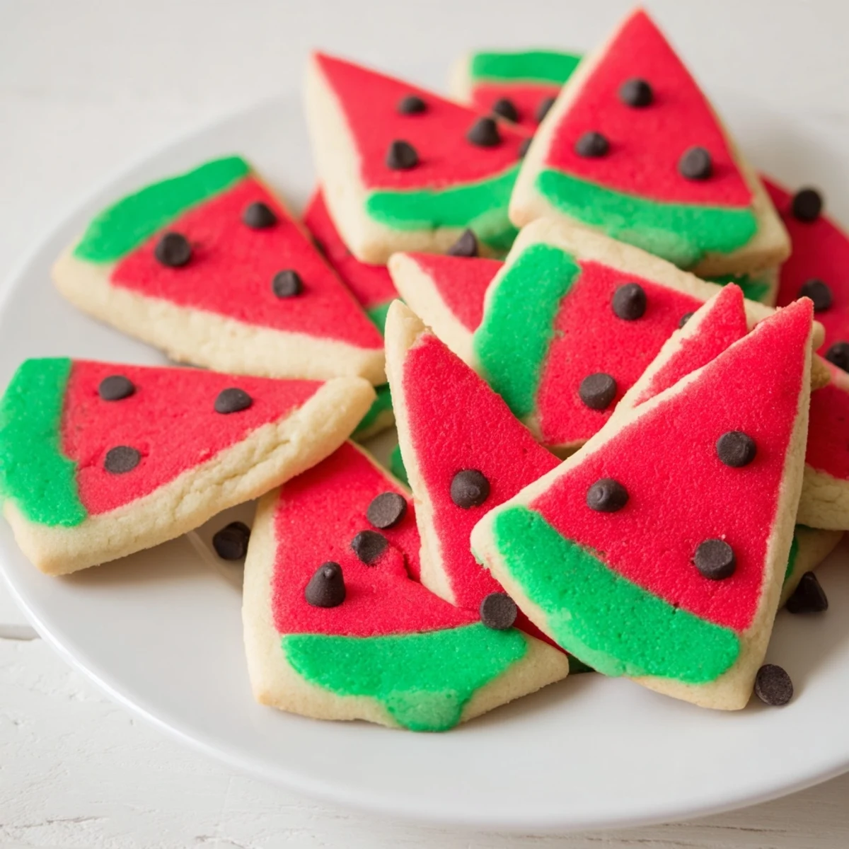 Freshly baked watermelon slice cookies cooling on wire rack, showcasing vibrant red centers and green crusts