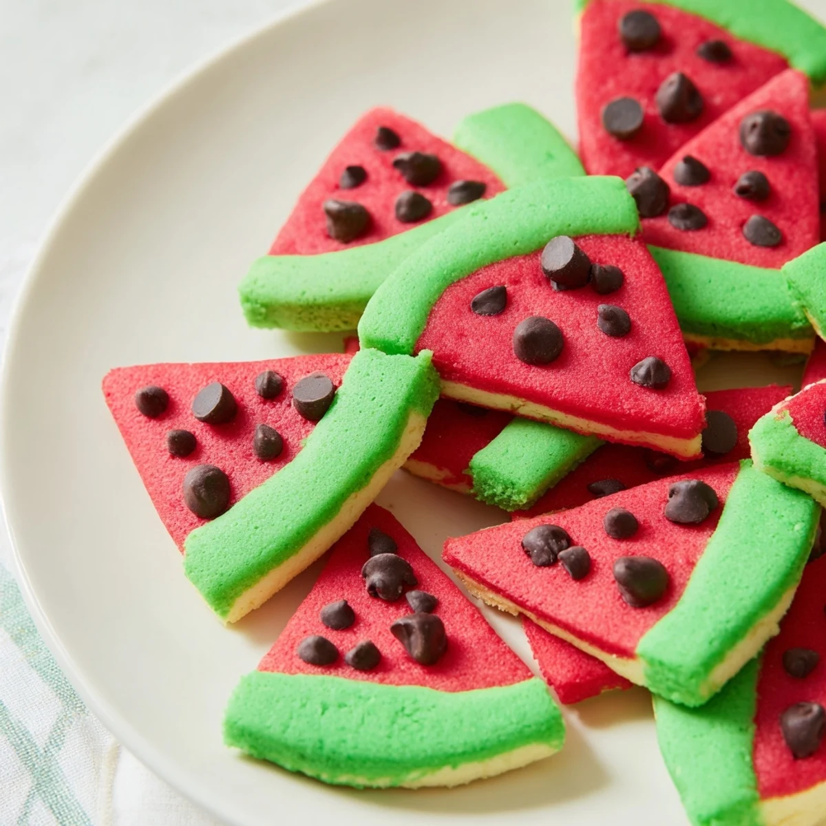 Watermelon slice cookies arranged on a white serving plate with green rind edges and chocolate chip seeds