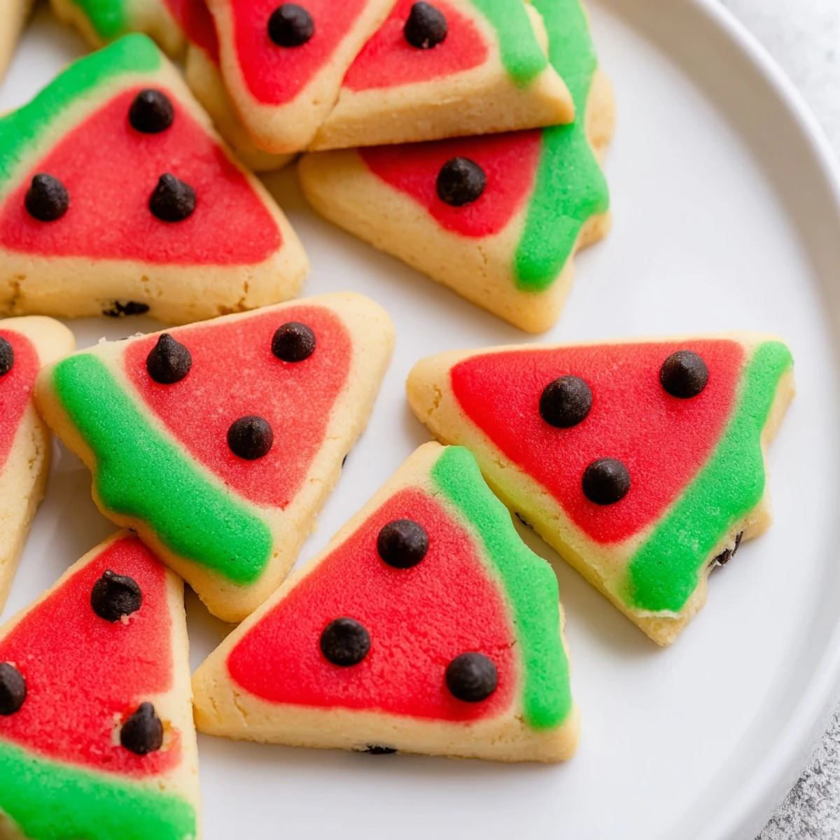 Close-up of watermelon slice cookies stacked on wooden board, displaying red dough and mini chocolate chip decorations