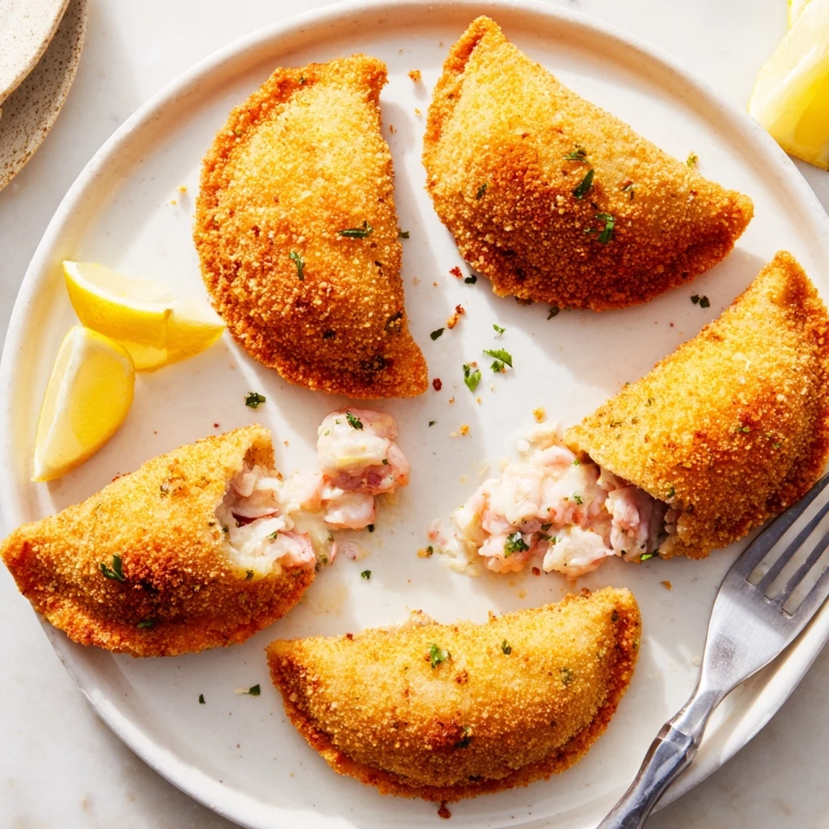 Golden Portuguese shrimp rissois featuring crispy breadcrumbs and creamy shrimp filling ready for serving