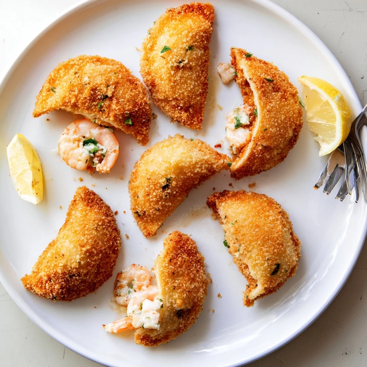 Half-moon shaped Portuguese shrimp rissois fried to golden perfection with smooth savory shrimp center