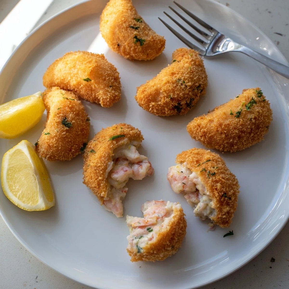 Plate of Portuguese shrimp rissois displaying flaky golden crust surrounding rich creamy seafood filling