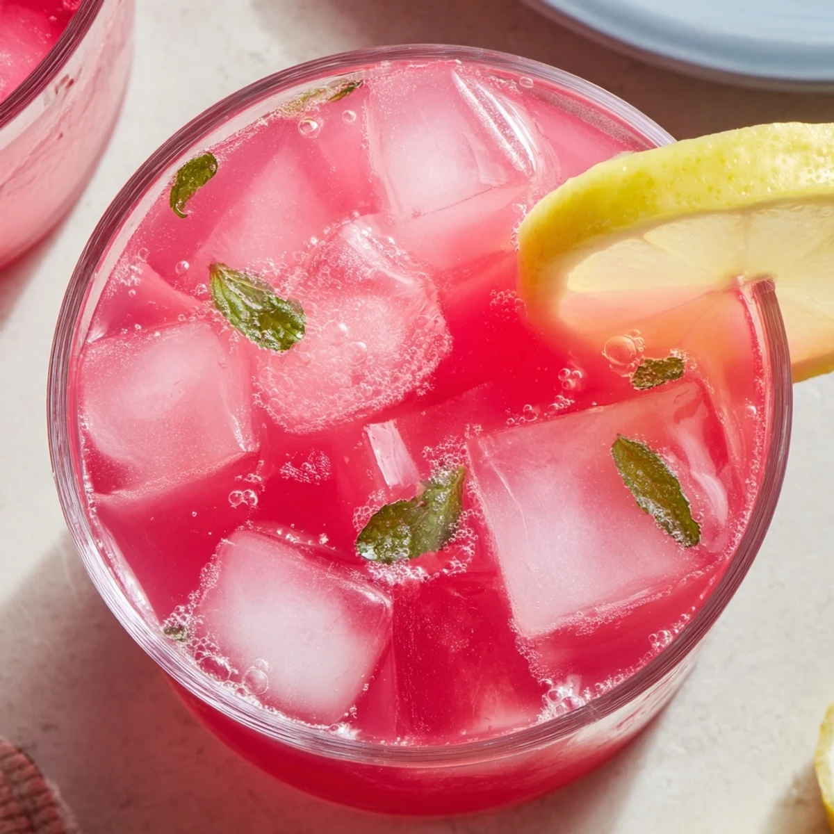Glass pitcher filled with vibrant pink watermelon lemonade garnished with fresh lemon slices and mint sprigs on ice.