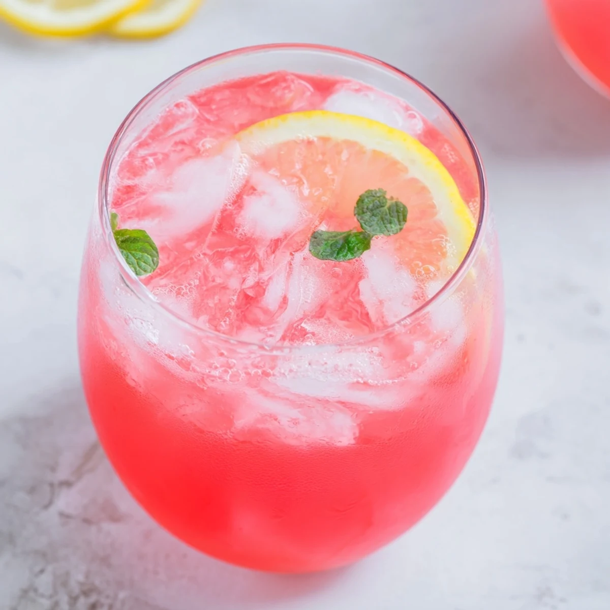 Refreshing watermelon lemonade served over ice in a mason jar with lemon wheel garnish on a wooden table.
