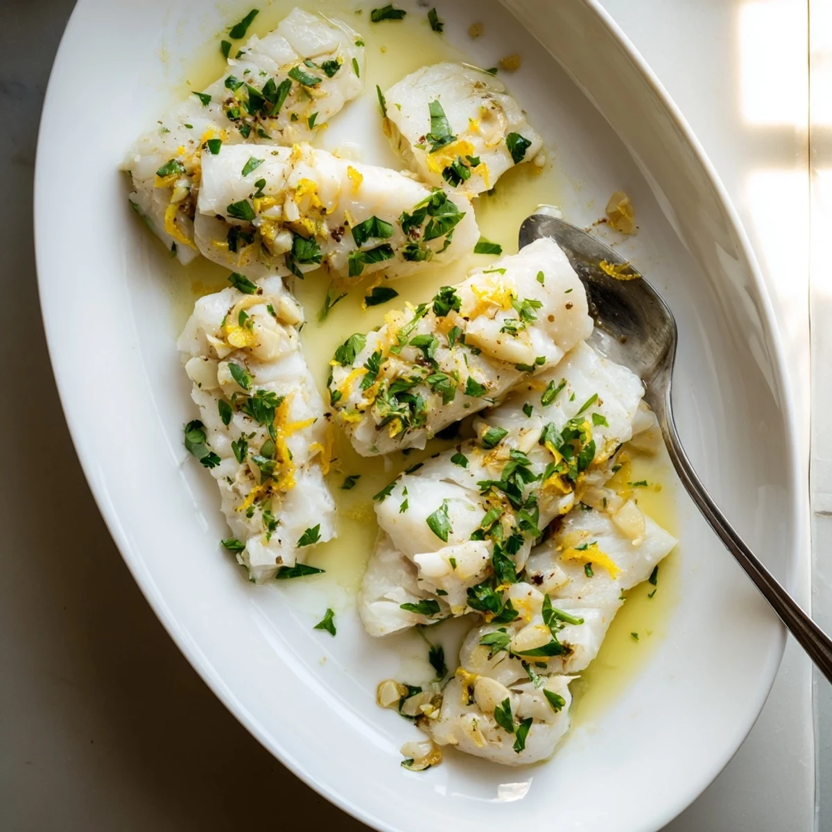 Flaky white lemon garlic butter cod served on a white plate with bright lemon wedges