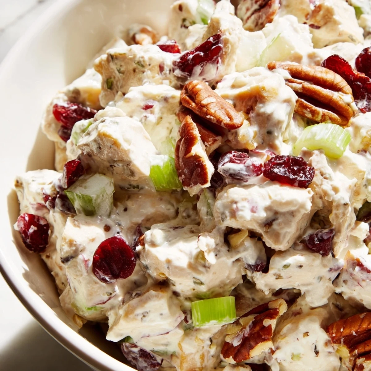 Creamy cranberry pecan chicken salad featuring tender chunks, sweet dried cranberries, and toasted nutty pecans
