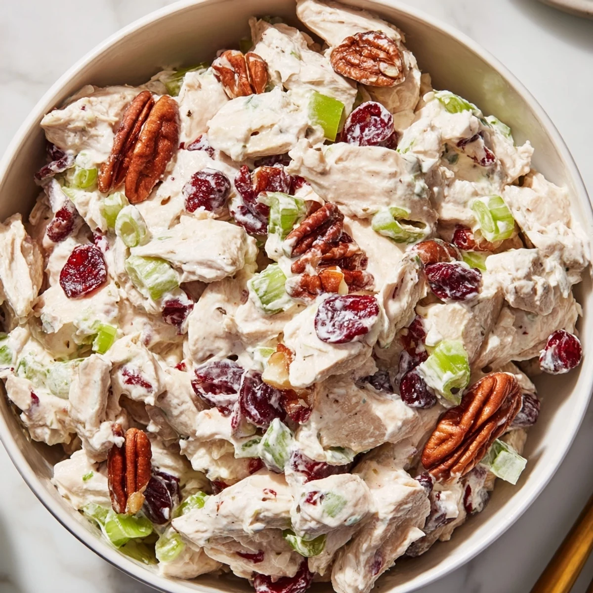Serving of cranberry pecan chicken salad displayed on fresh greens with vibrant red cranberries and crunchy pecans