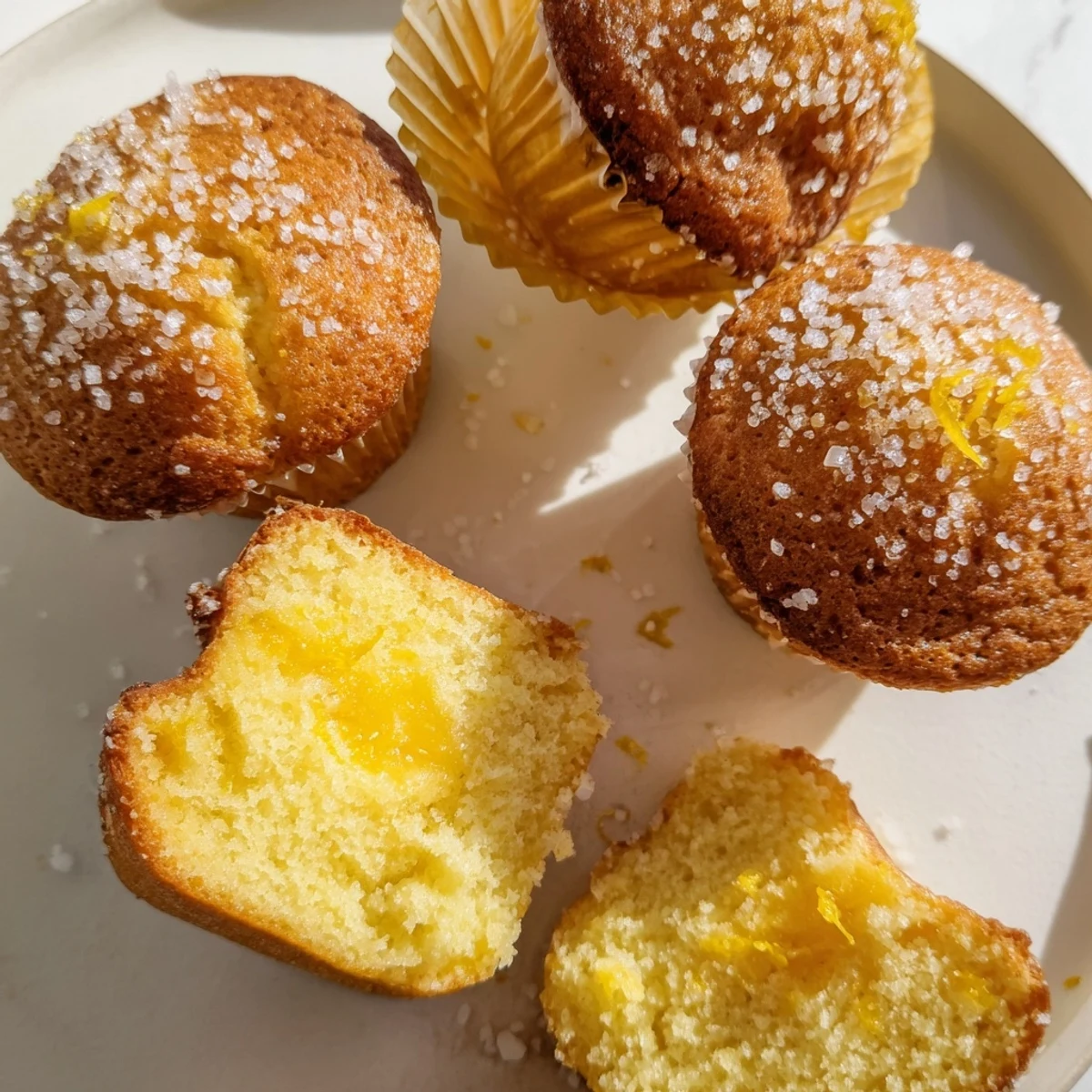 Golden lemon cream cheese muffins topped with coarse sugar and fresh lemon zest on a white wire rack