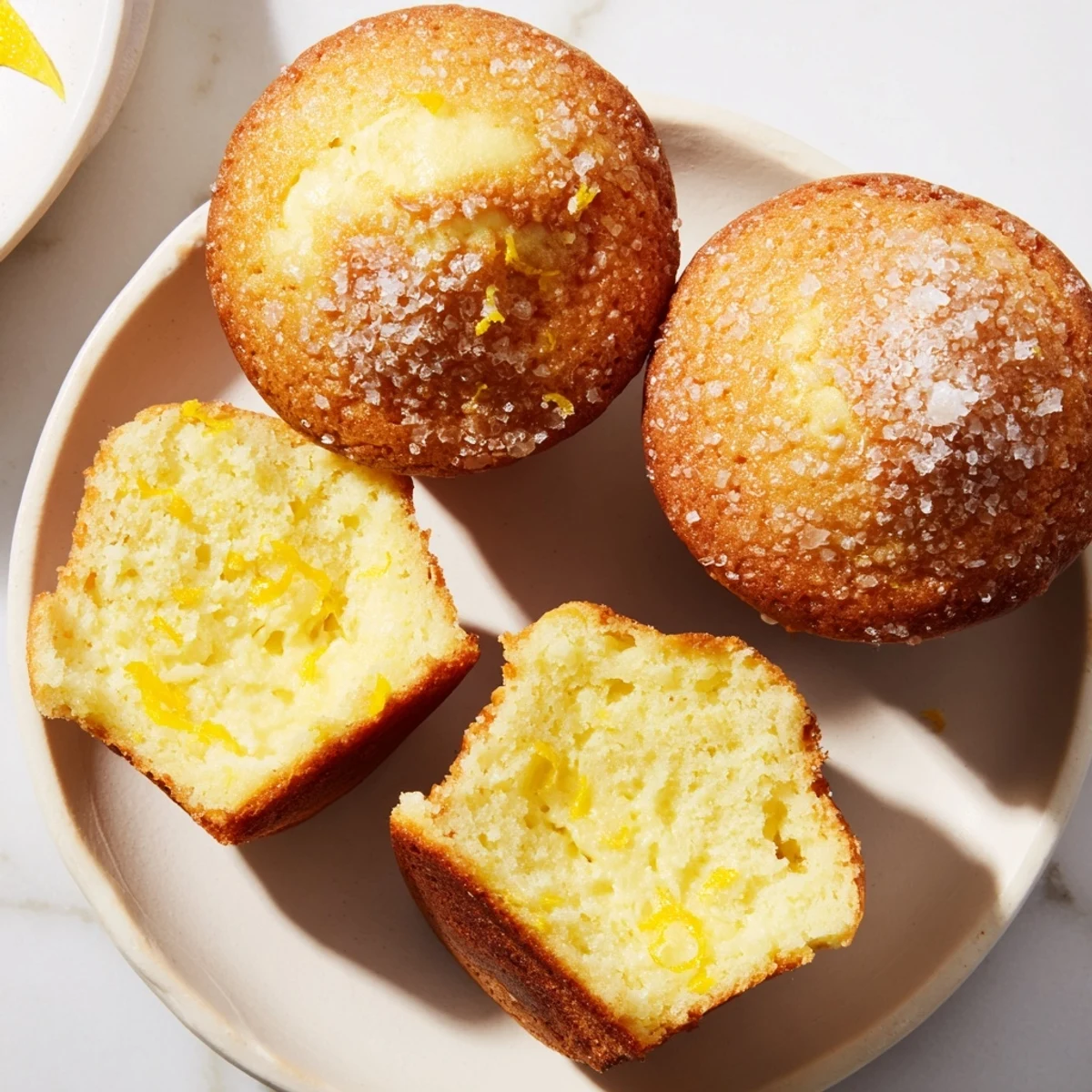 Moist cream cheese muffins with bright lemon flavor cooling on a baking sheet, golden tops dusted with sugar