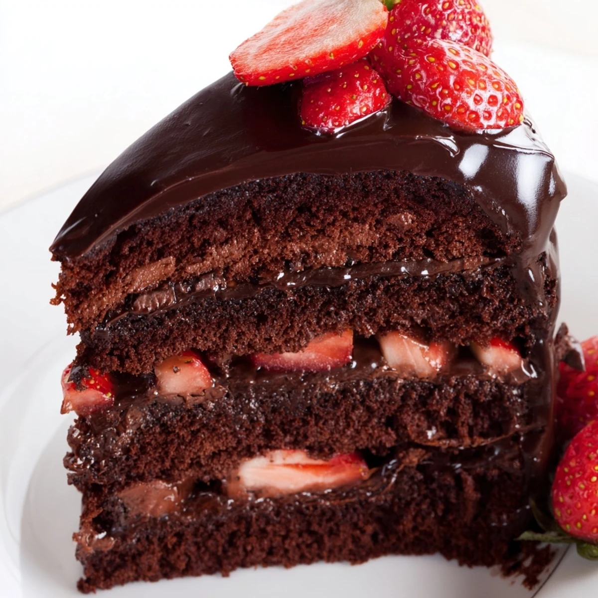 Decadent strawberry chocolate cake layered with rich ganache and fresh juicy berries