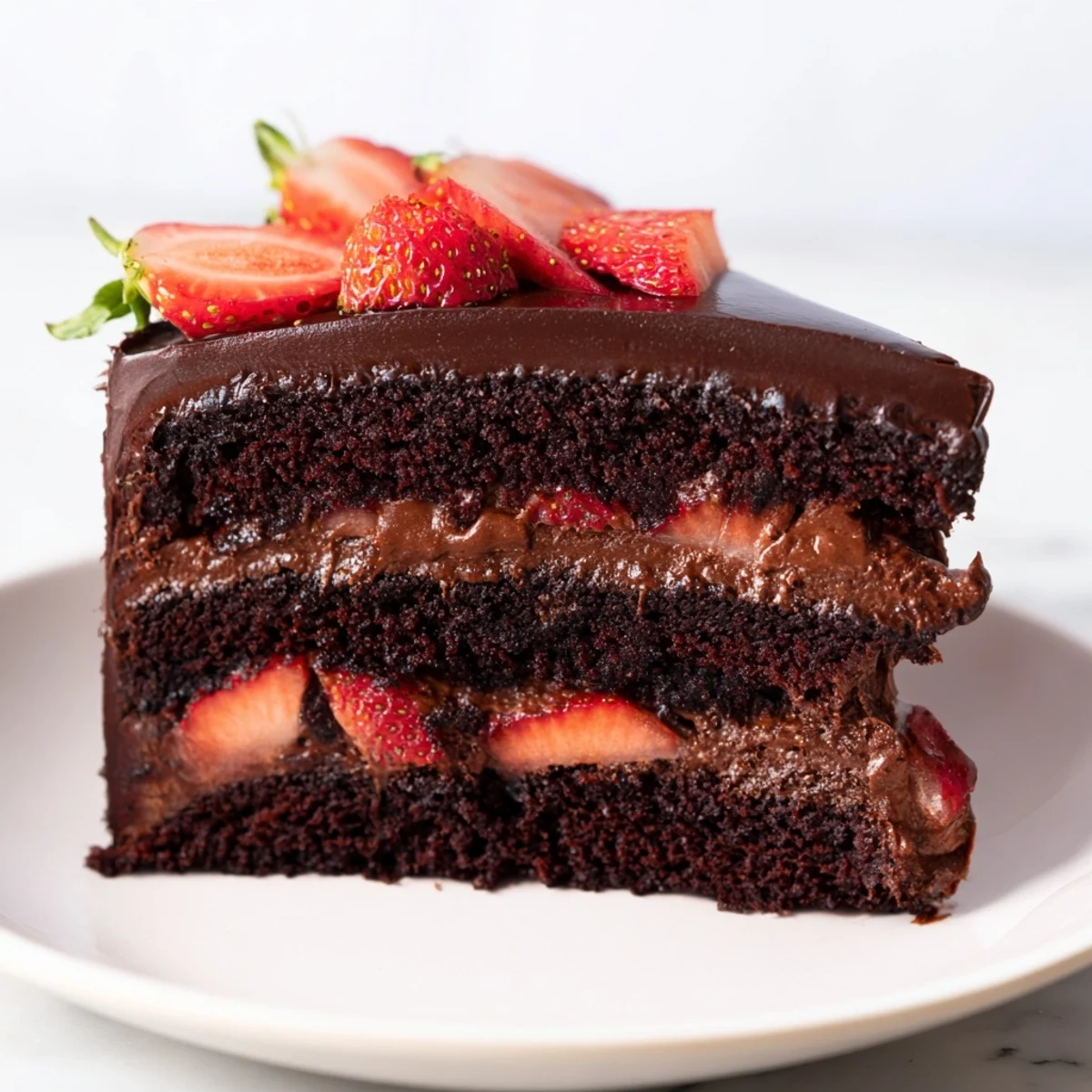 Slice of strawberry chocolate cake revealing luscious fruit filling between tender chocolate layers