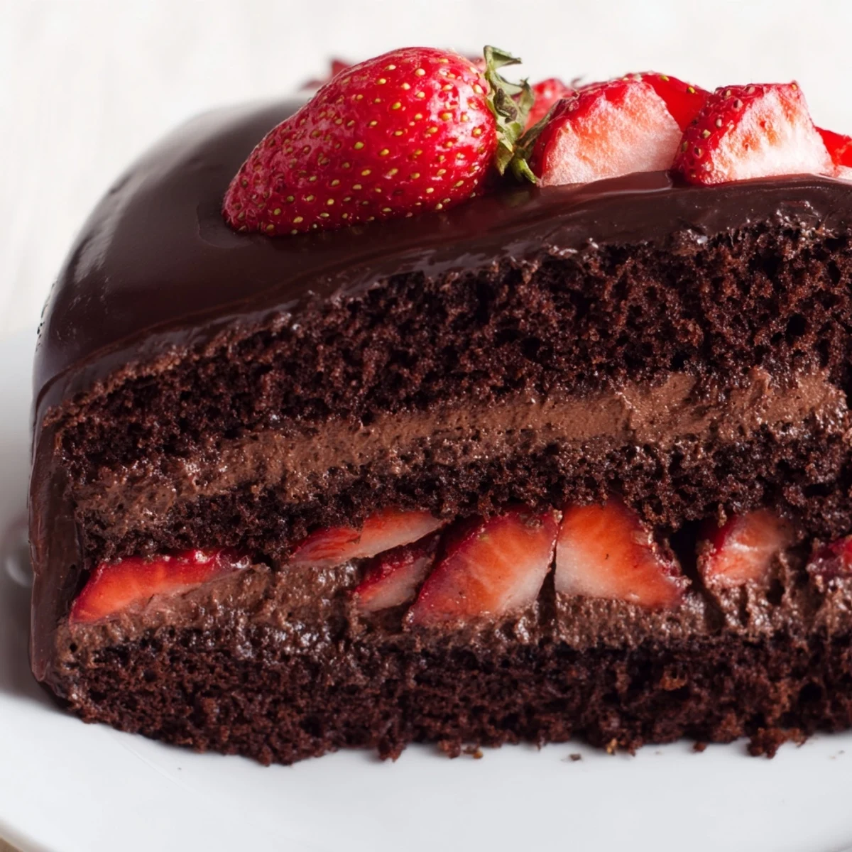 Moist chocolate cake frosted with glossy ganache and topped with vibrant red strawberries