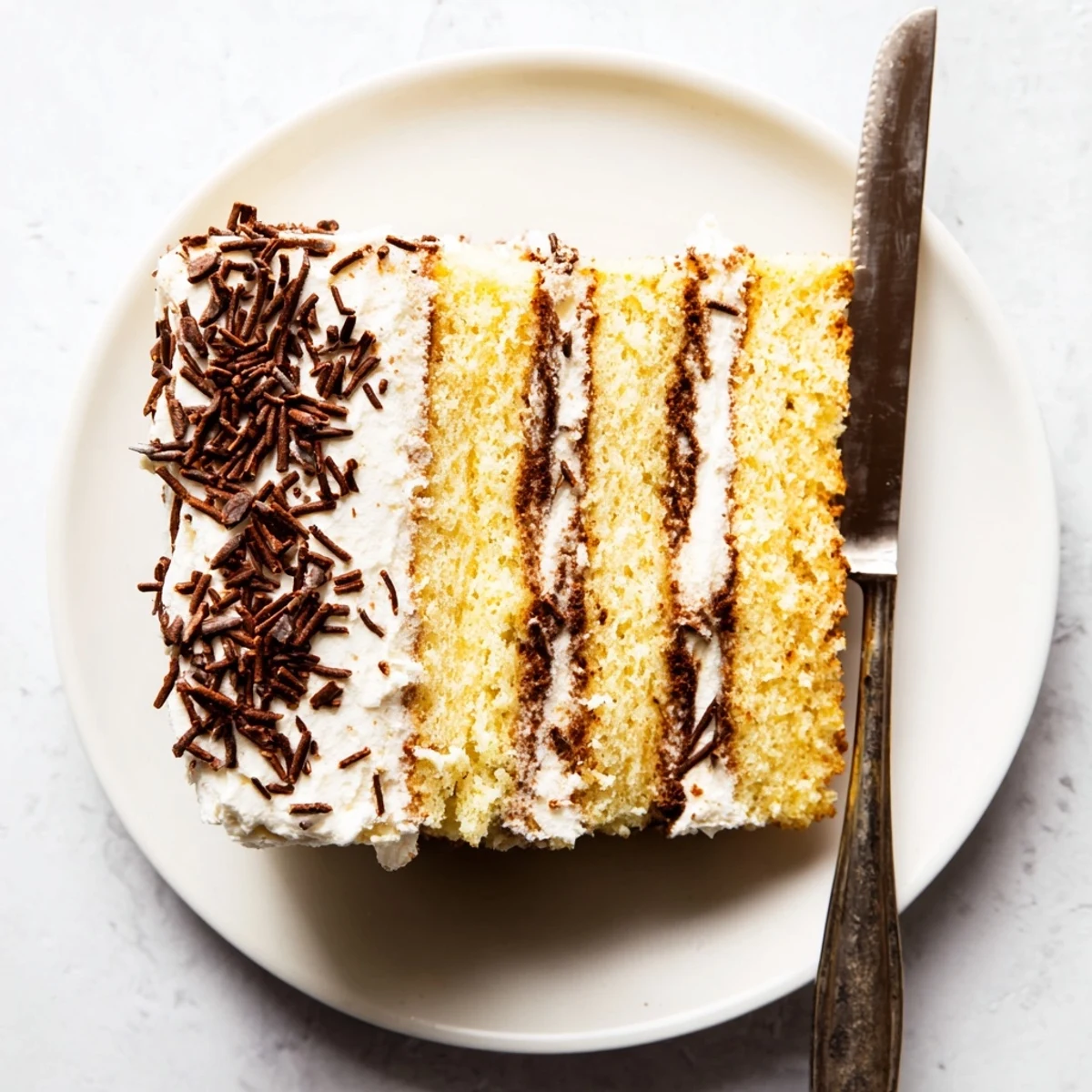 Sliced tiramisu cake showing white mascarpone filling between coffee-soaked cake layers topped with chocolate shavings