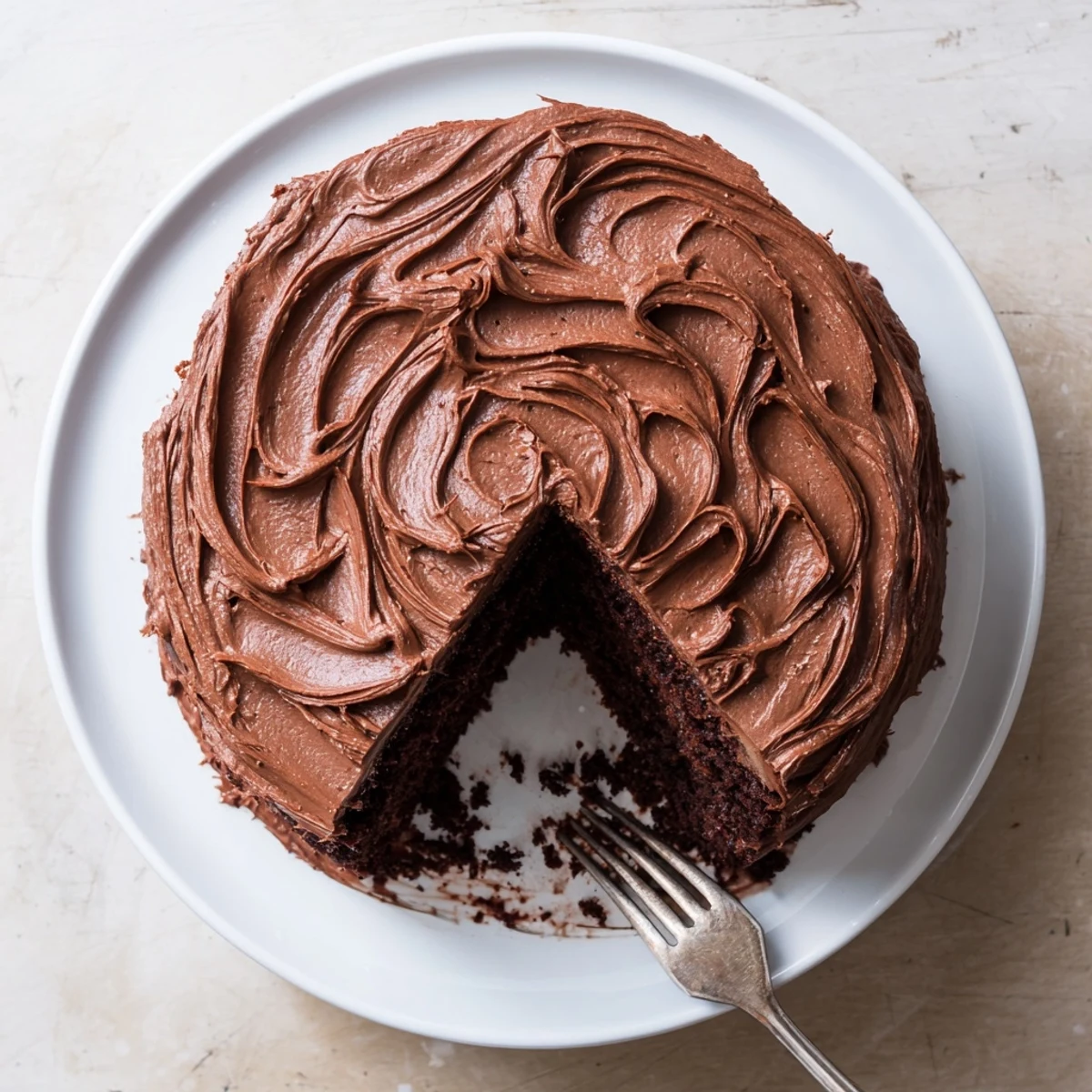 Slice of fudgy Matilda chocolate cake showcasing dark crumbs and creamy chocolate ganache