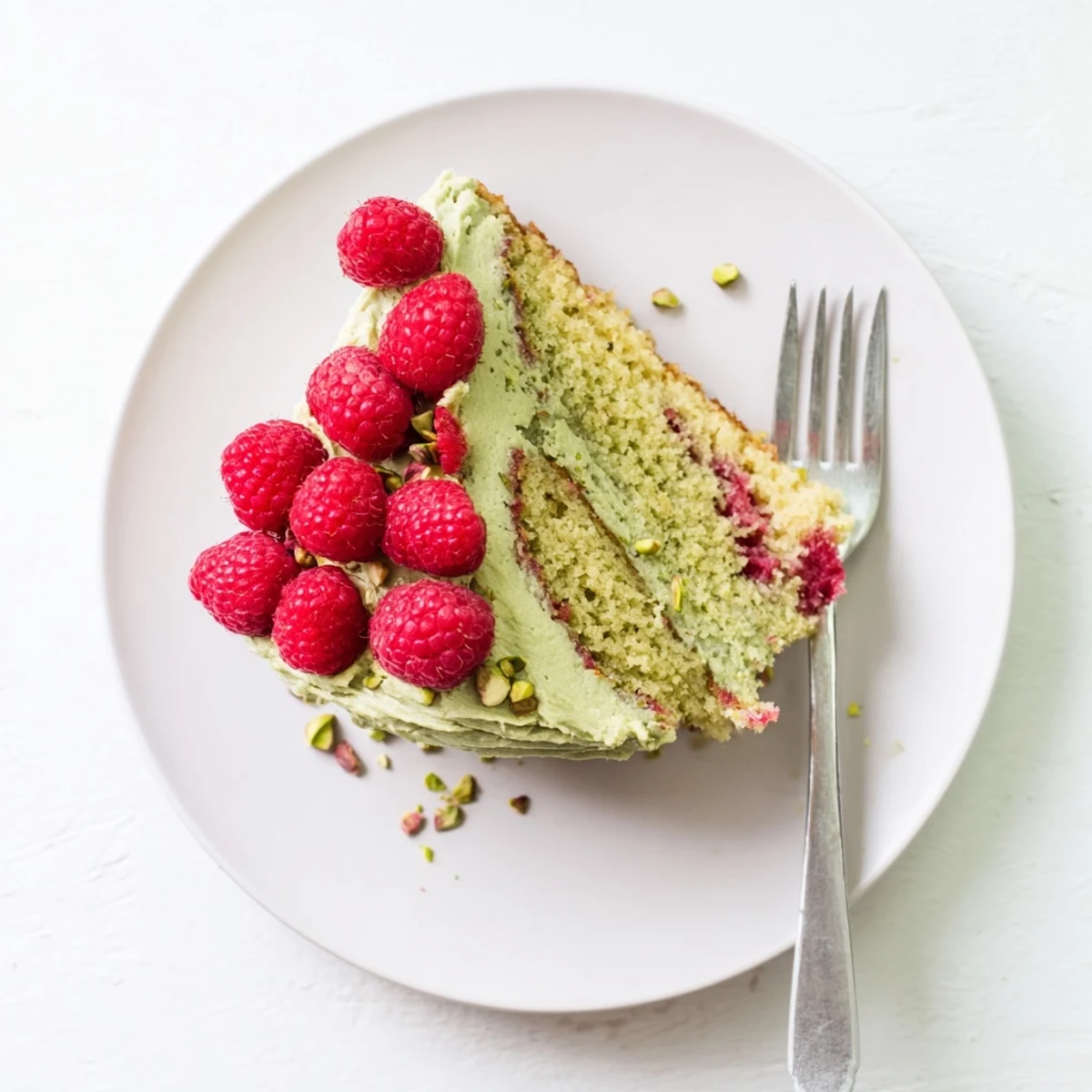 Moist pistachio raspberry cake slice revealing vibrant red raspberries nestled in green speckled crumb