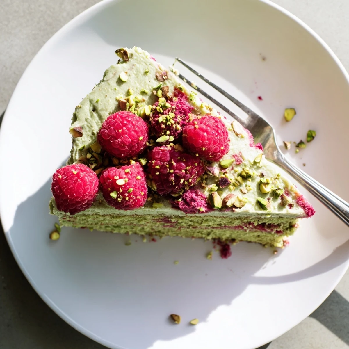 Golden pistachio raspberry cake topped with creamy cream cheese frosting and fresh berries