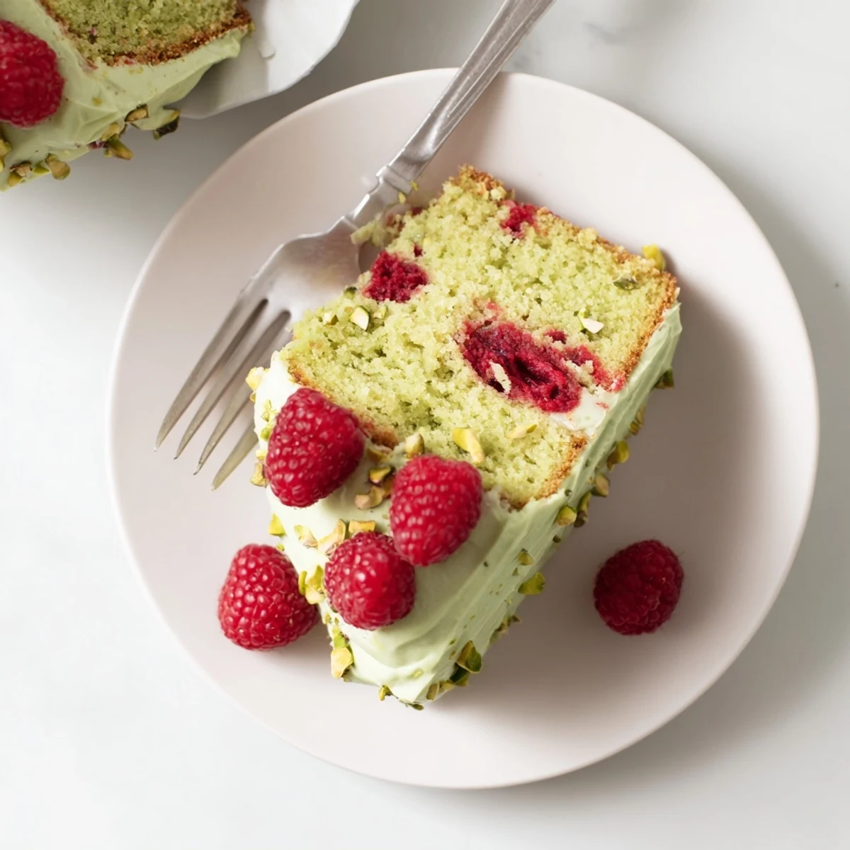 Elegant pistachio raspberry cake decorated with whole raspberries and sprinkled chopped pistachios on white plate