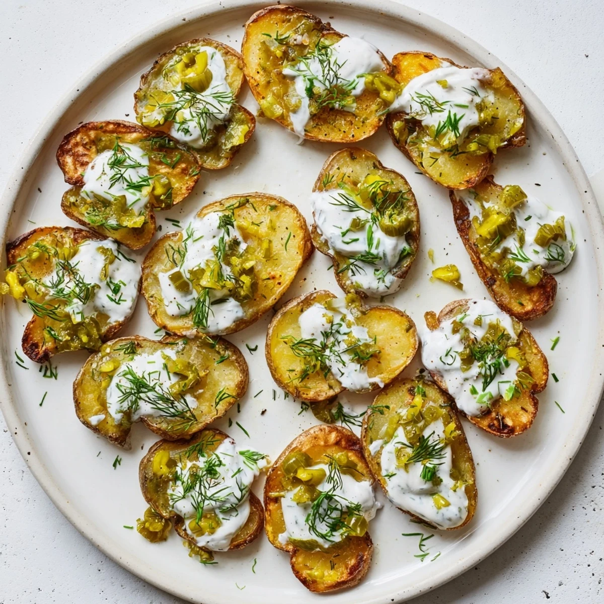 Dill pickle ranch smash featuring crispy potato bites loaded with sour cream sauce and fresh herbs