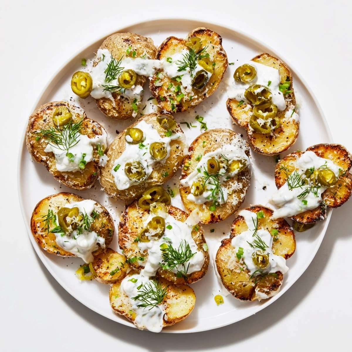 Golden crispy smashed potatoes drizzled with creamy ranch and topped with tangy chopped dill pickles