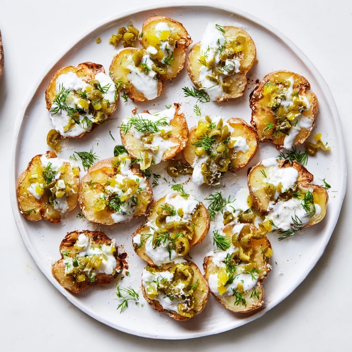 Plate of smashed potatoes topped with homemade ranch, crunchy dill pickles, and fresh green herbs
