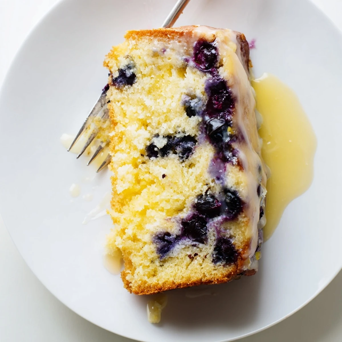 Slice of fluffy lemon blueberry cake topped with tangy lemon glaze on a white plate