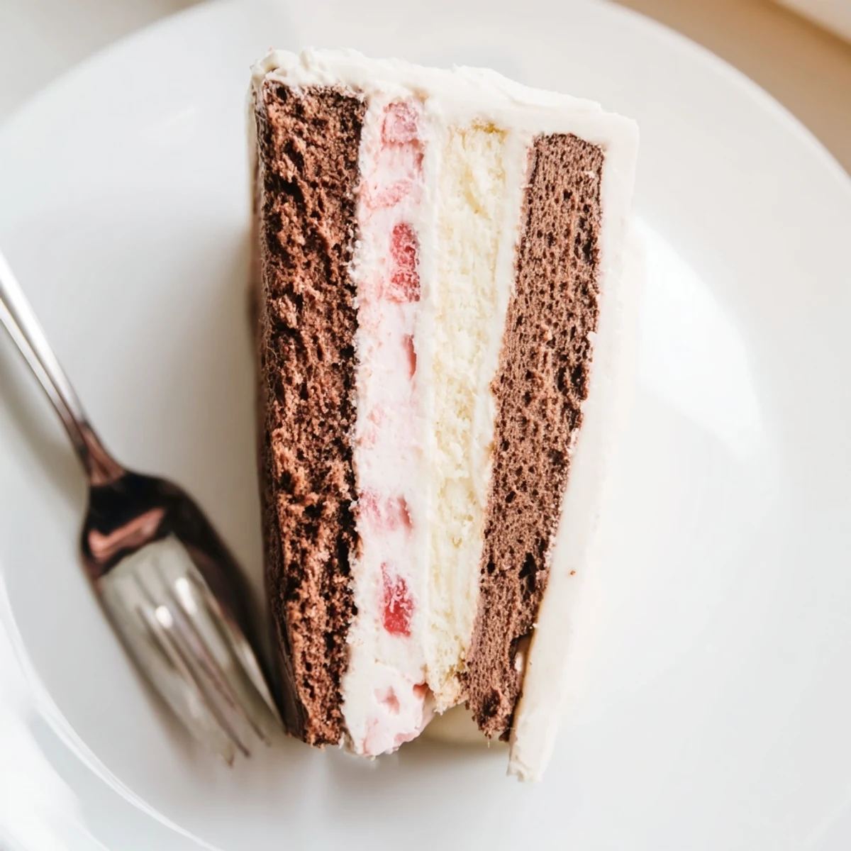 Slice of Neapolitan cake revealing three colorful layers of chocolate, strawberry, and vanilla
