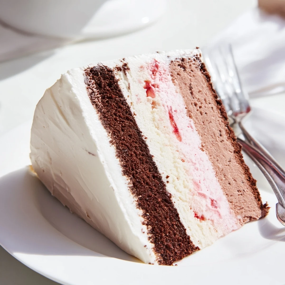 Homemade Neapolitan cake with classic chocolate, vanilla, and strawberry layers stacked for celebration