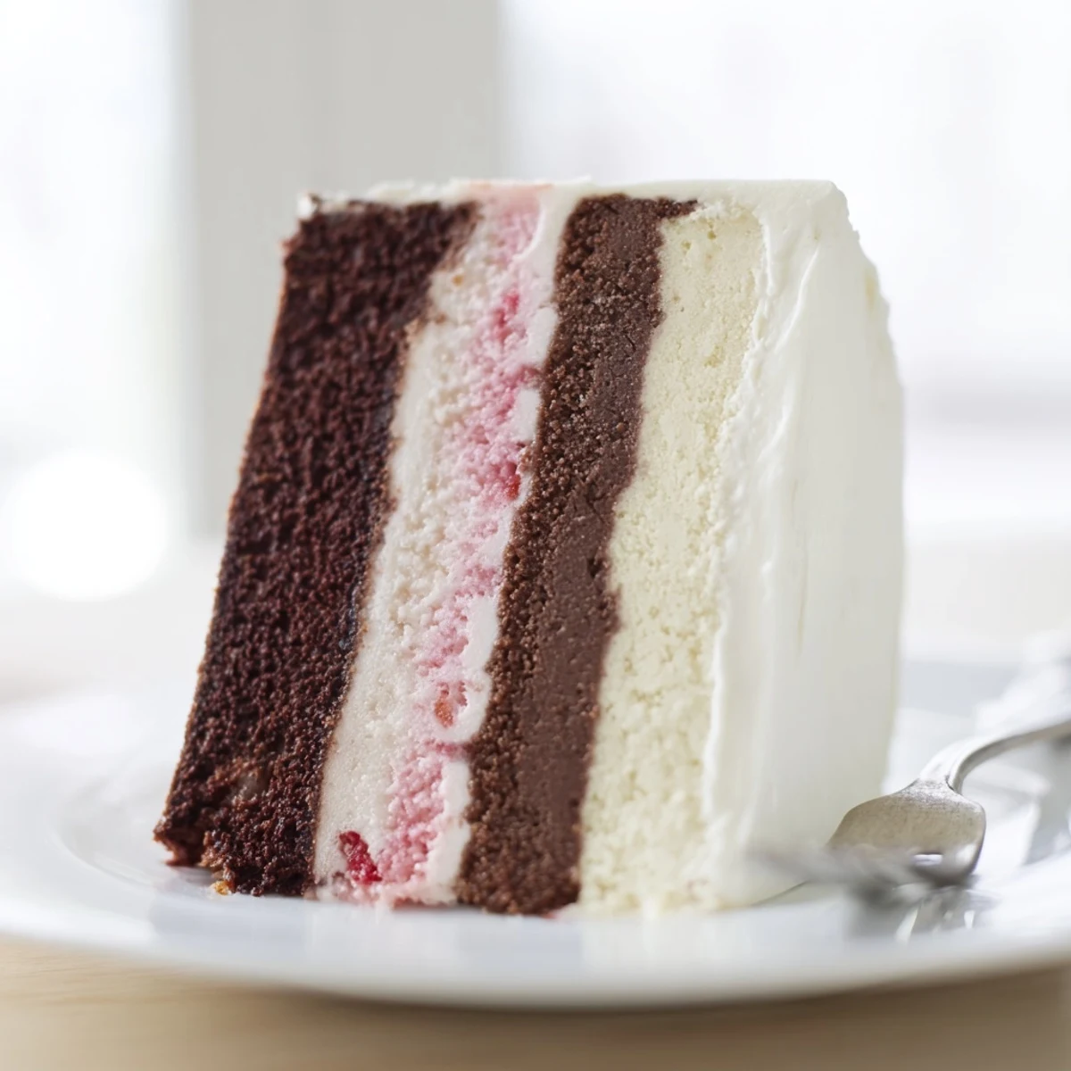 Whimsical Neapolitan cake frosted with creamy white buttercream and topped with fresh strawberries