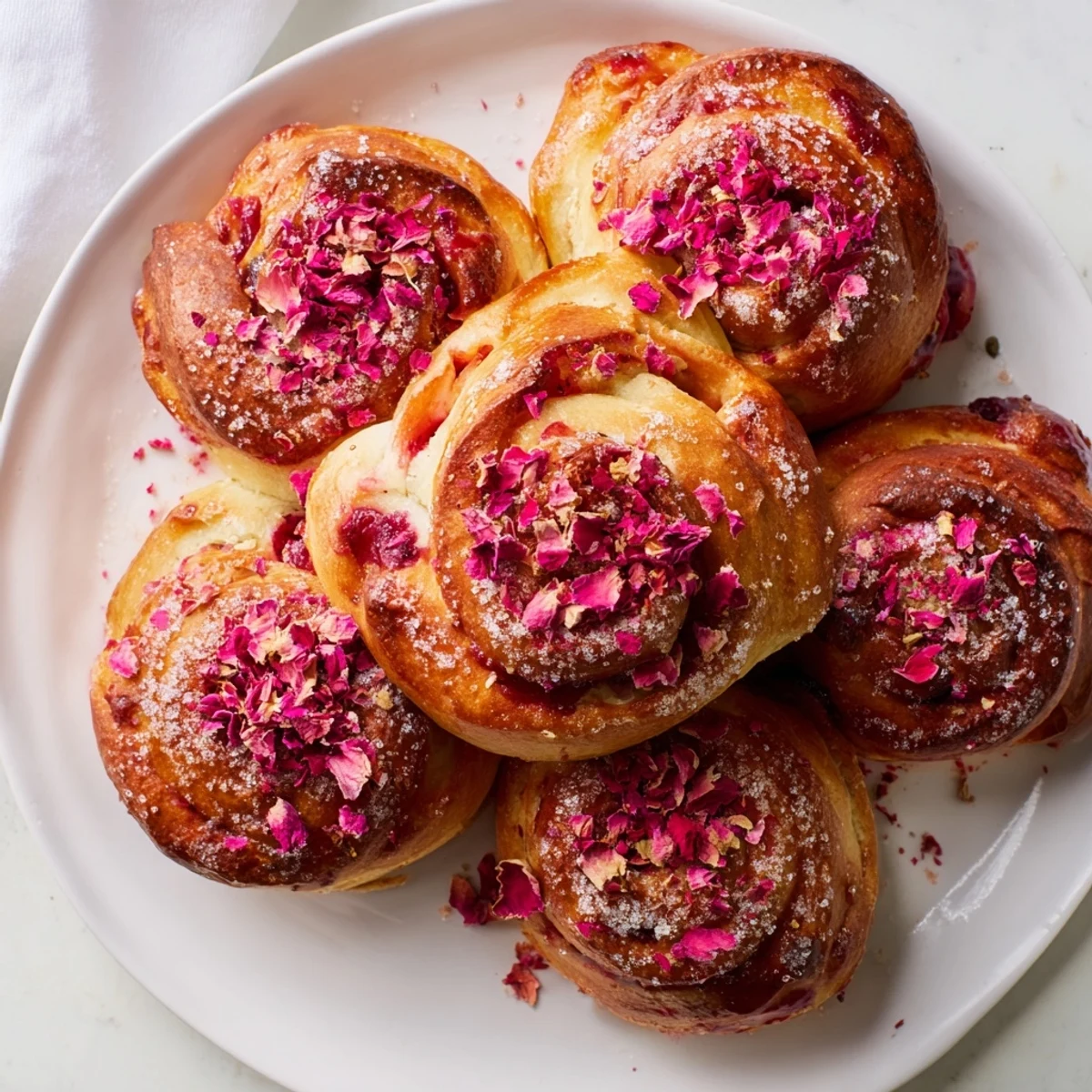Golden baked raspberry and rose cheesecake buns with rose petals on a wire cooling rack