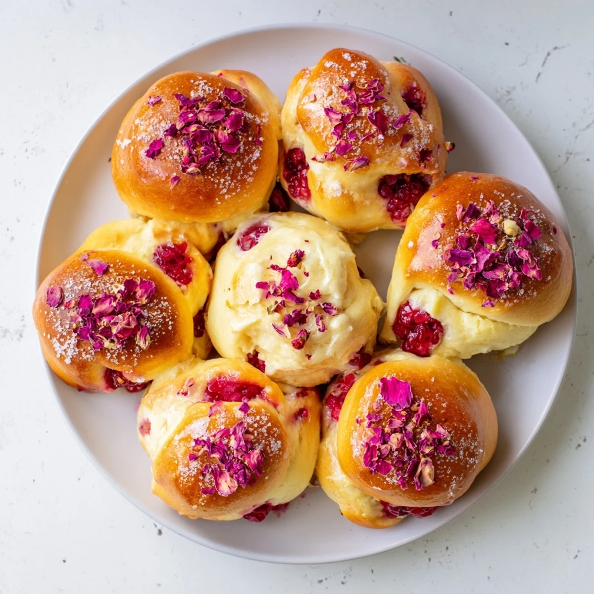 Soft pillowy buns split open revealing creamy rose cheesecake filling and bright fresh raspberries