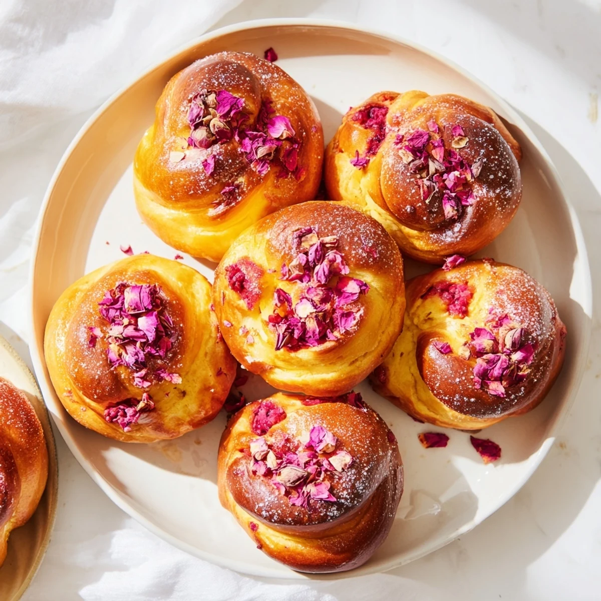 Freshly baked raspberry rose cheesecake buns arranged on a wooden board with edible rose garnish