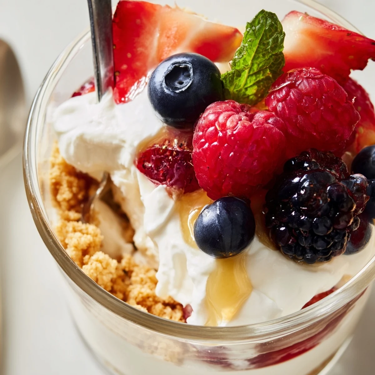Individual no bake berry cheesecake bowls layered with whipped vanilla cheesecake filling and sweet summer berries
