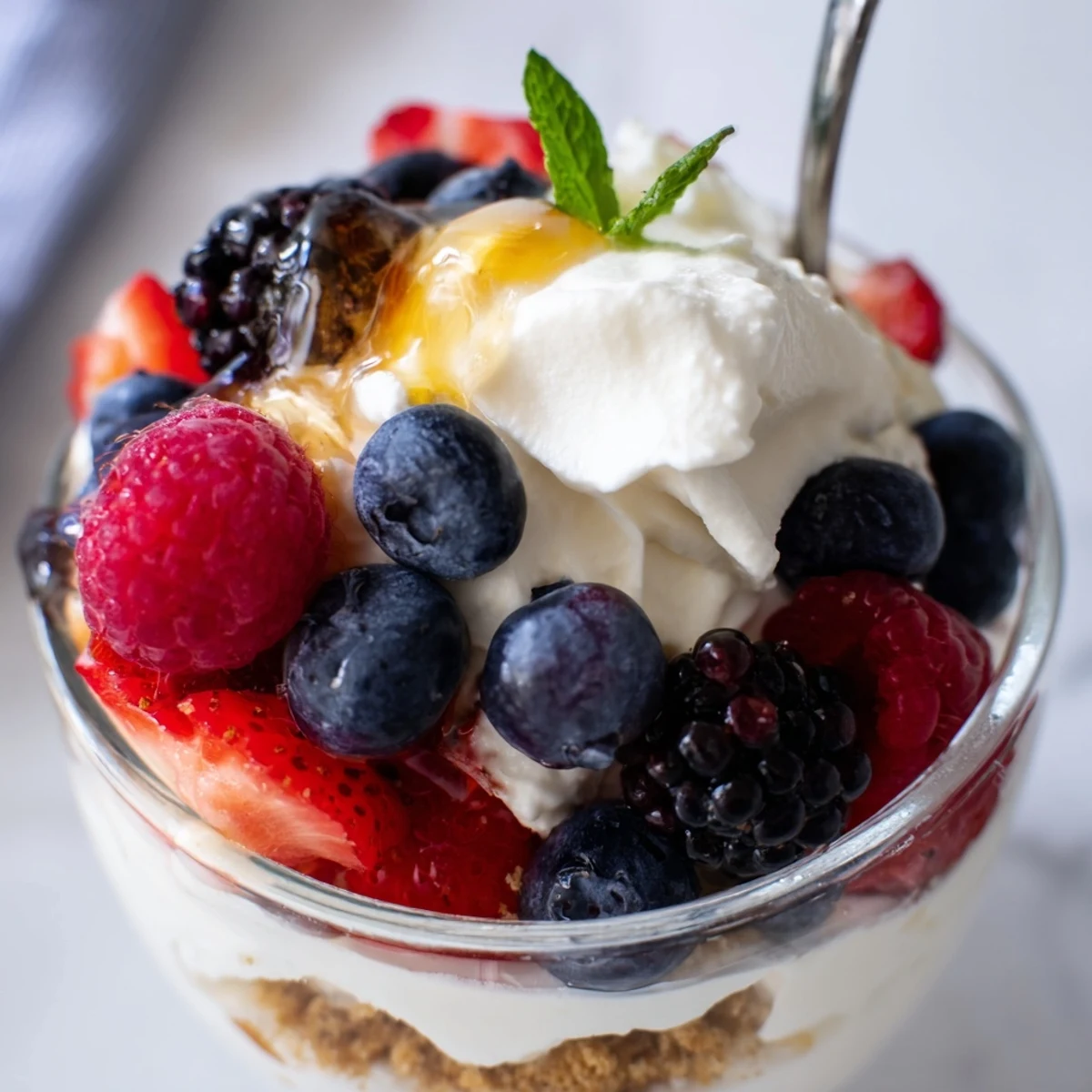 Refreshing no bake berry cheesecake bowls served in glass jars with mint garnish and biscuit base