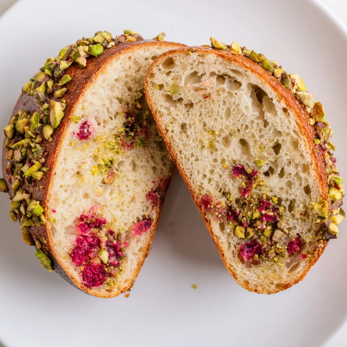 Golden brown raspberry pistachio sourdough bagels fresh from the oven with pink berry specks visible