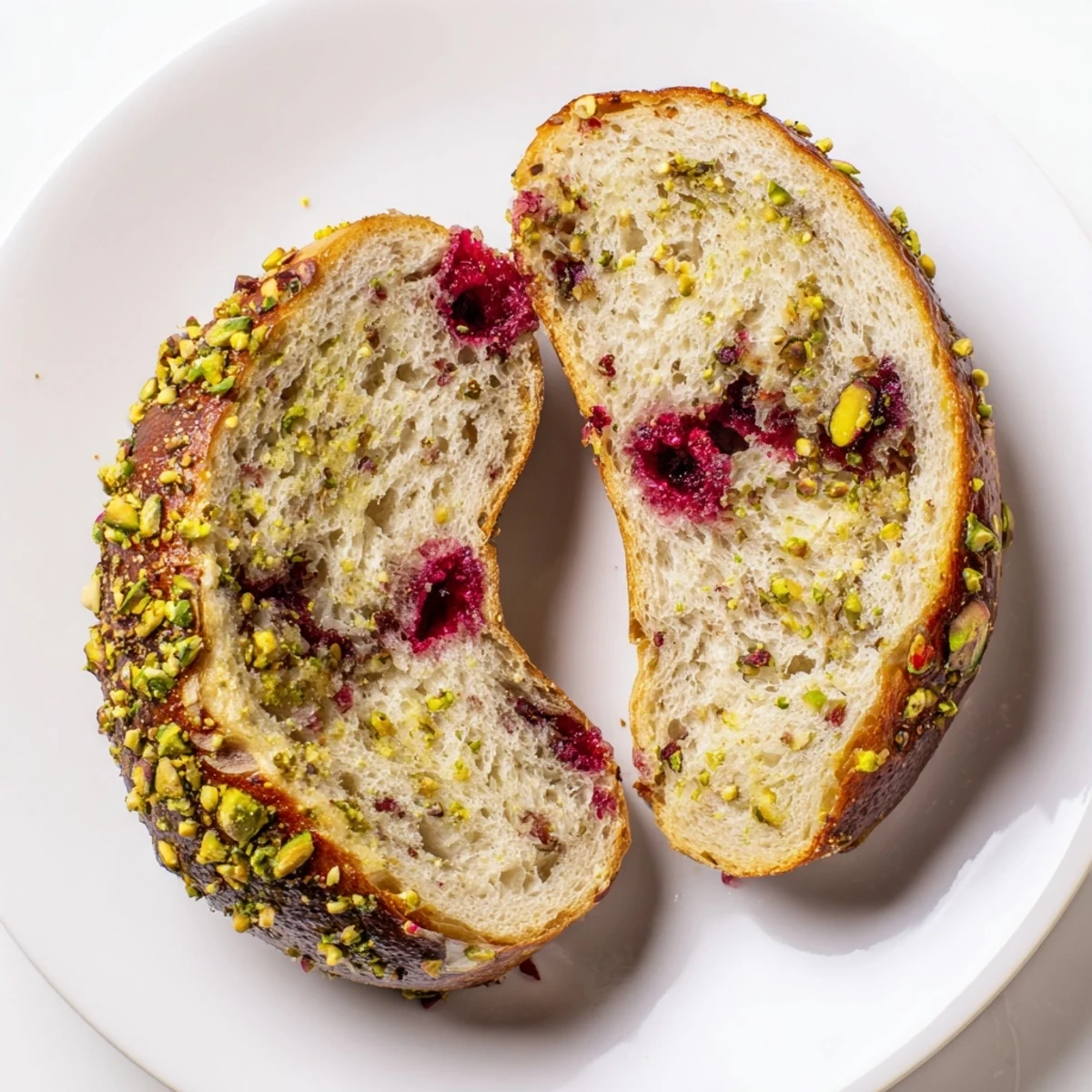 Sliced sourdough bagel revealing tangy raspberry pockets and crunchy nut swirls spread with cream cheese