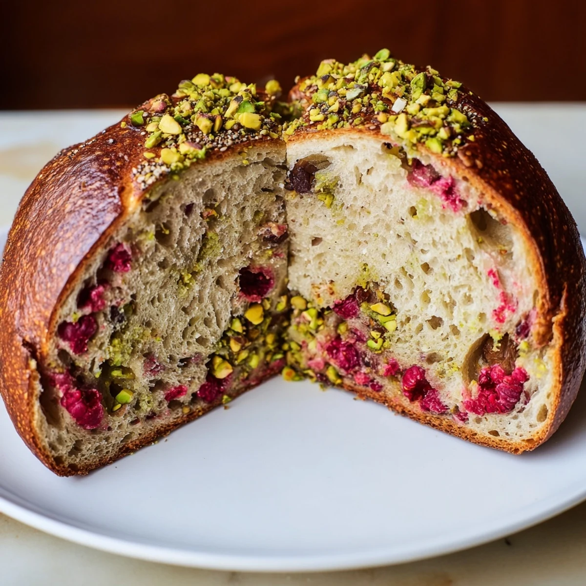 Chewy naturally leavened bagels topped with crushed pistachios and freeze-dried raspberry pieces on wooden board