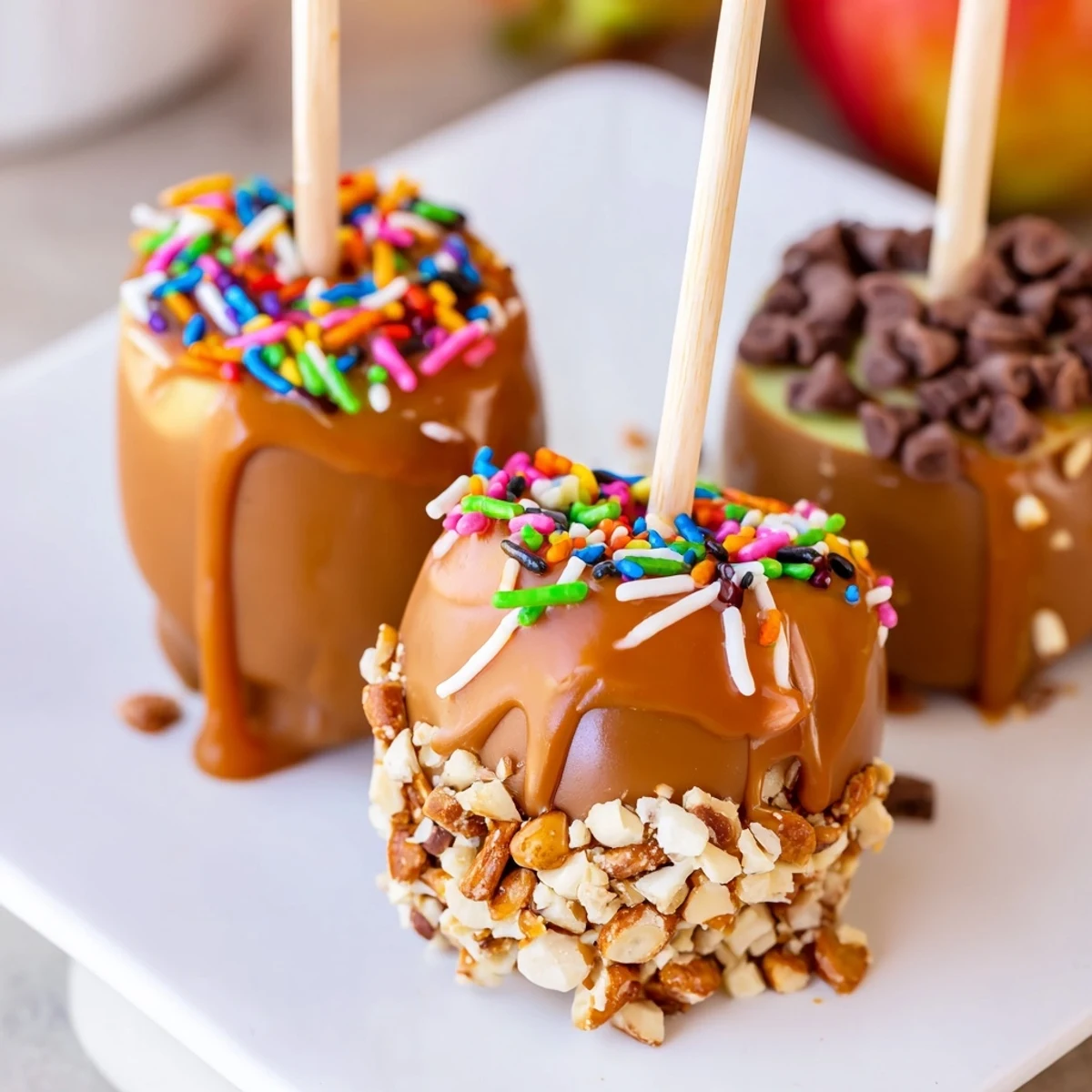 Fresh apple slices coated in creamy peanut butter caramel with colorful crunchy sprinkles