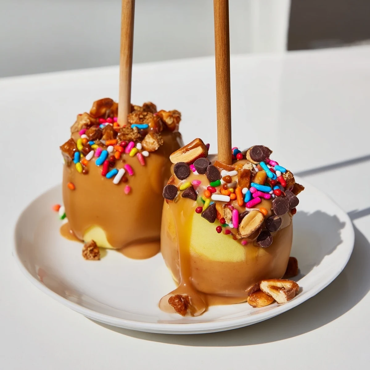 Peanut butter caramel apple pops on wooden sticks drizzled with warm gooey caramel