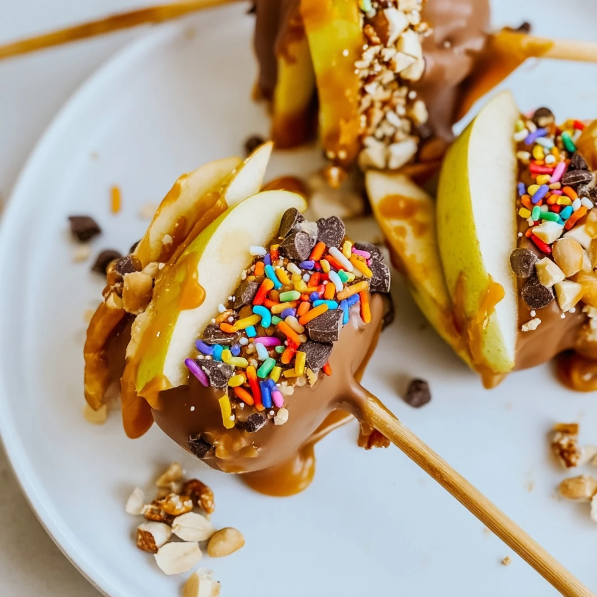 Rustic wooden tray holding peanut butter caramel apple pops topped with chocolate chips