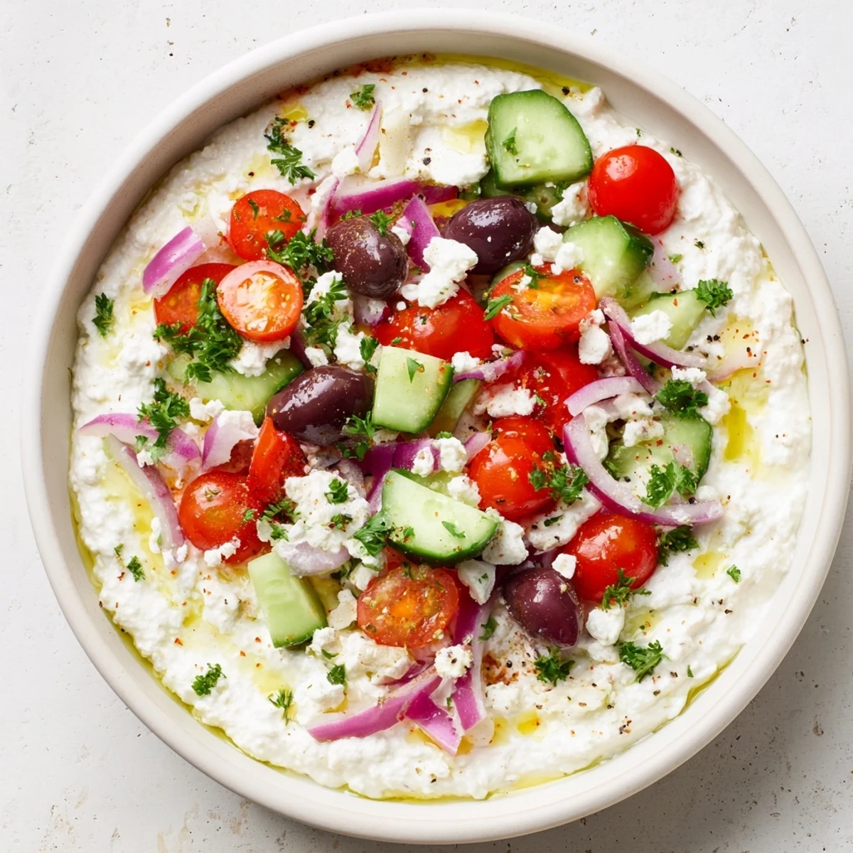 Creamy cottage cheese bowl topped with crisp cucumbers, tomatoes, olives, and crumbled feta